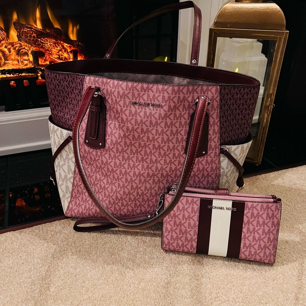 Michael Kors Burgundy and Cream Women's Bag Set